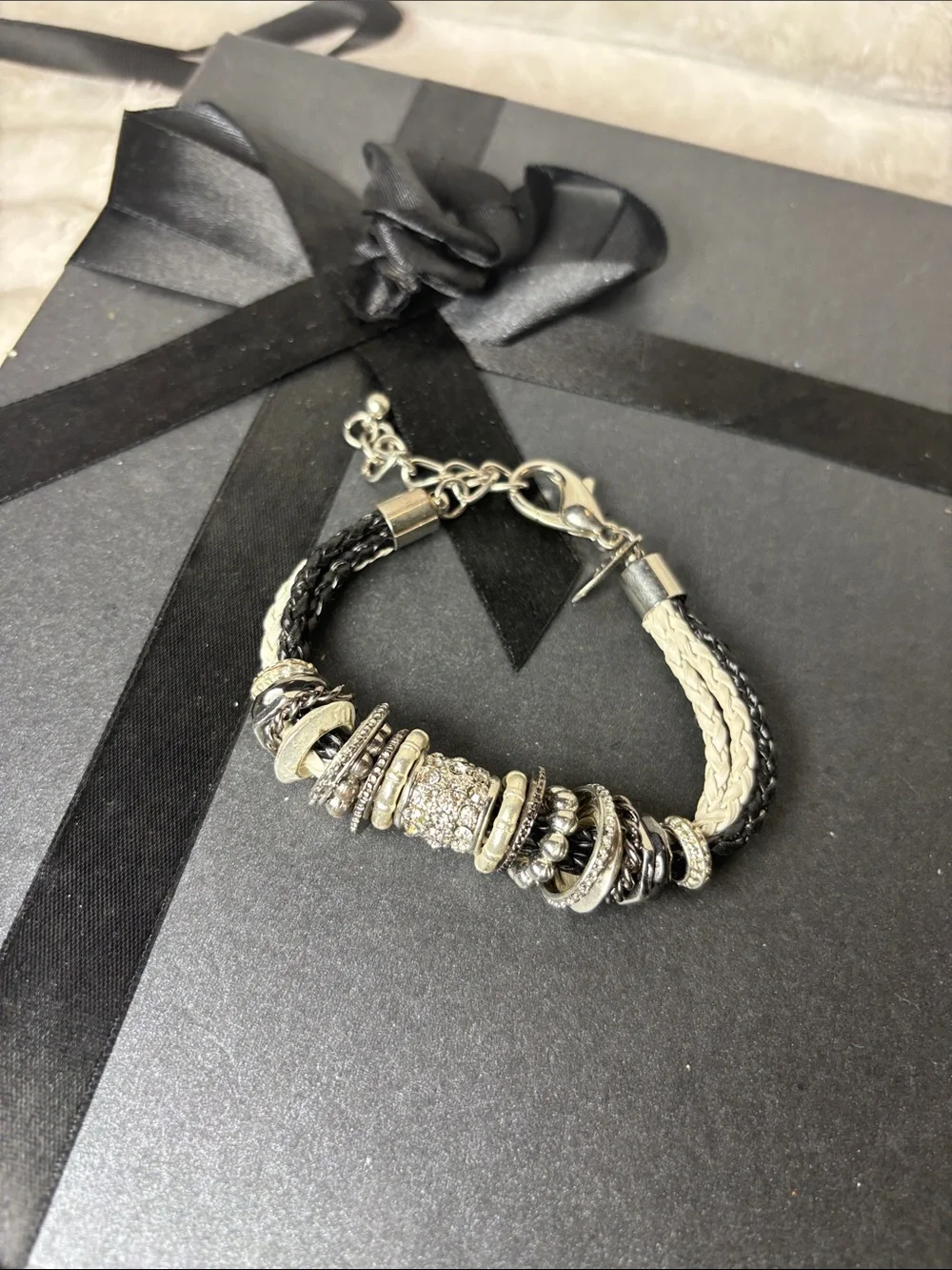 NY Two-Tone Black & Cream Braided Bracelet with Crystal Accent